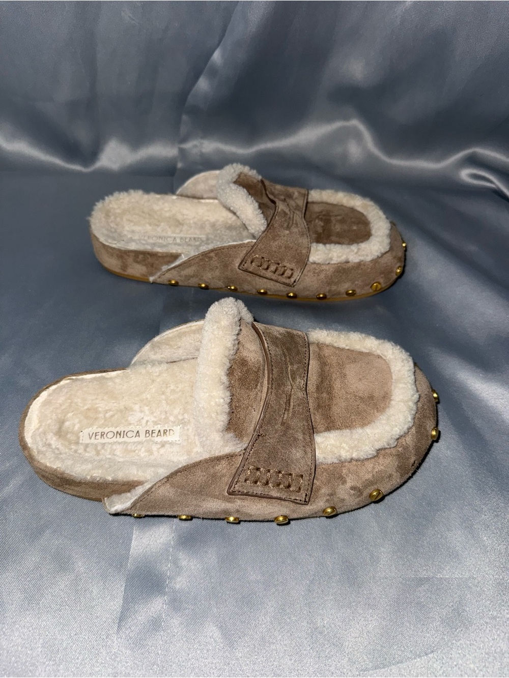 Veronica Beard Taupe Suede Shearling Slide Clogs with Gold Studs